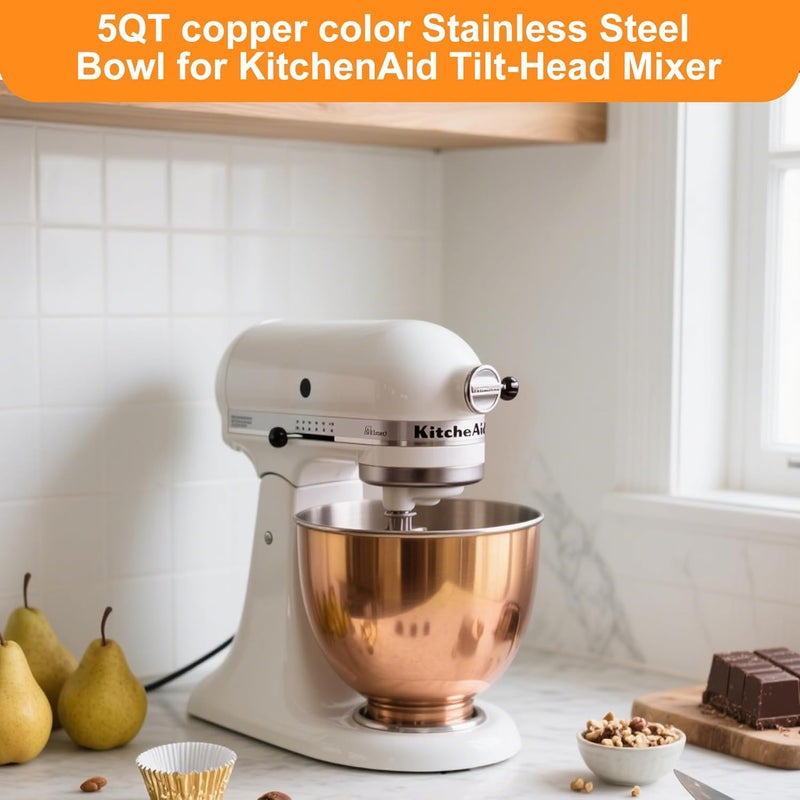CHUDODO Copper Color Stainless Steel Mixer Bowl, Compatible with KitchenAid Series 4.5-5 QT Tilt-Head Mixers, Suitable for K45SS, KSM75, KSM90, KSM100, KSM150, Dishwasher Safe, Heavy Duty, No Residue - Image 5